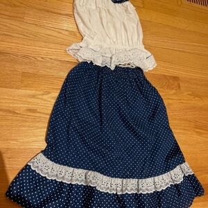 Vintage White and Blue Polka Dot skirt/tank with Lace Trim girls size 10